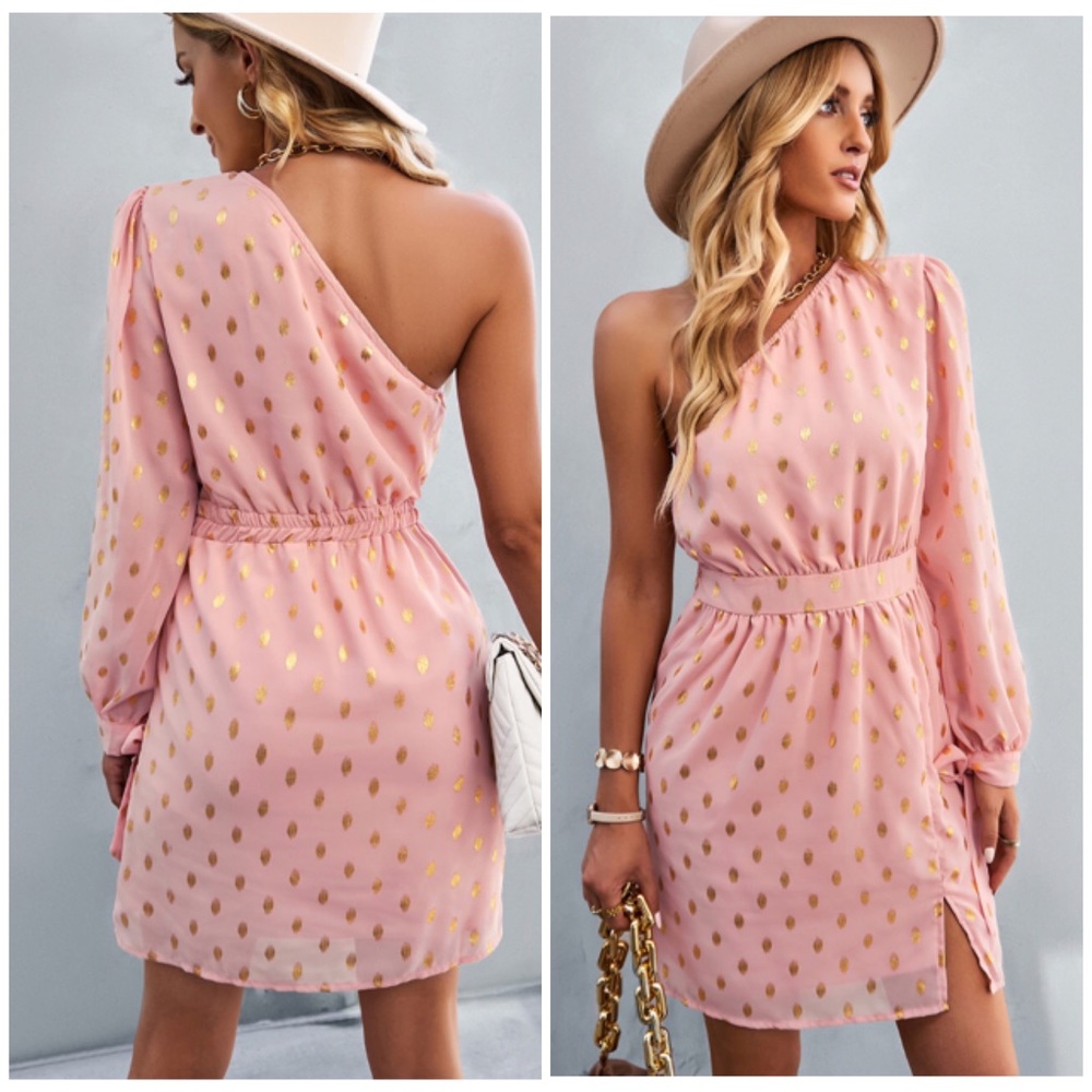 New! Pink & Gold One Shoulder Dress